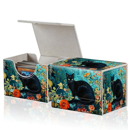 for MTG Commander Deck Box,Card Deck Box for Trading Yugioh MTG,Fits 100 Double Sleeved Cards,PU Leather Strong Magnet Case for Magic Commander TCG CCG,Cat Flower - color: Cat Flower