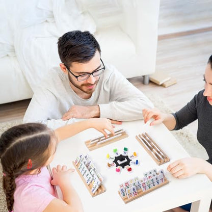 Mexican Train Dominoes Set with 4 Wooden Trays - Double 12 Dominoes Game with 91 Number Tiles, Portable Carrying Case & Accessories - Classic Family Table Game for Kids, Adults & Travel - style: Number with 4 Large Racks