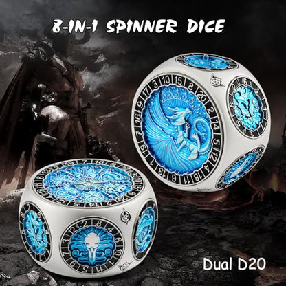 DNDND Unique Hexagonal Spinner Metal Dice, 8-in-1 DND Dice with Dual D20 Monster Themed Dice Set for DND Dungeons and Dragons, Dungeon Masters with Collectible Gift Tin (Silver with Blue) - color: Silver Blue