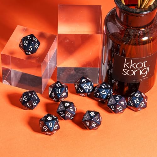 10-Pack Black D20 Dice Glitter 20 Sided Dice for DND Tabletop Games | Leather Storage Bag, DM Gift, for Dungeons and Dragons Role Playing Games - color: 10pcs D20 Black Mixed Blue