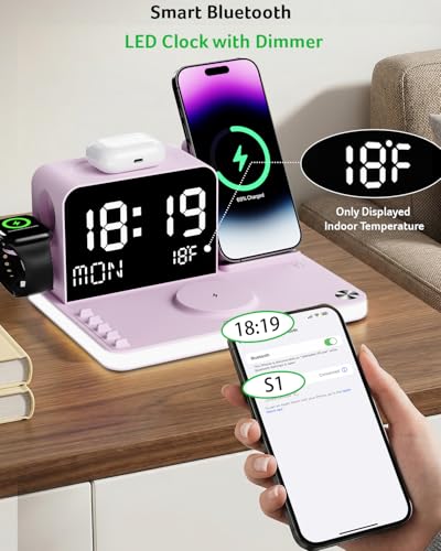 Acer 7-in-1 Wireless Charging Station with LED Clock - 30W Fast Wireless Charger for iPhone 16/15/14/13/12/Pro Max, Apple Watch, AirPods - Bluetooth Auto Time Sync & Night Lights (Purple) - color: Purple