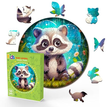 Wooden Puzzles for Kids Ages 4-8, Cute Raccoon Puzzle, Unique Animal Shaped Wooden Jigsaw Puzzles for Kid, 50 Pieces Puzzles for Kids(50pcs,11.4 * 11.4in) - color: Cute Raccoon