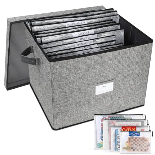 Board Game Storage Box, Board Game Organizer Box with 12pcs Zipper Bags and Writable Stickers, Game Storage Containers with Lid for Office Supplies, Puzzles, Craft Product - color: 1 Pack-Grey-Large