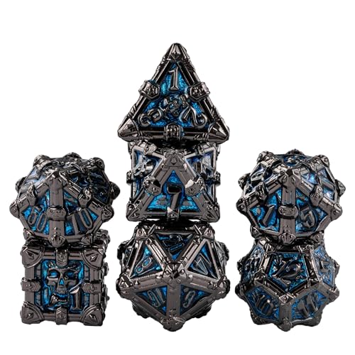Metal Skull Dice Set with Skull Bag,7PCS Polyhedral Metal Dice Set for DND Role Playing Games(Black Nickel Blue) - color: Skull Black Nickel Blue