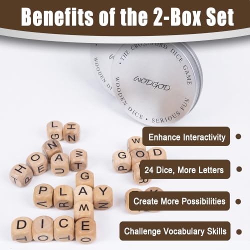 2 Set – The Crossword Dice Game Set, Wooden Letter Dice –Dice Game,Word Dice,Travel Game, Fun Multiplayer Word Game for Travel, Camping, and Family Night, with Portable Storage Boxes