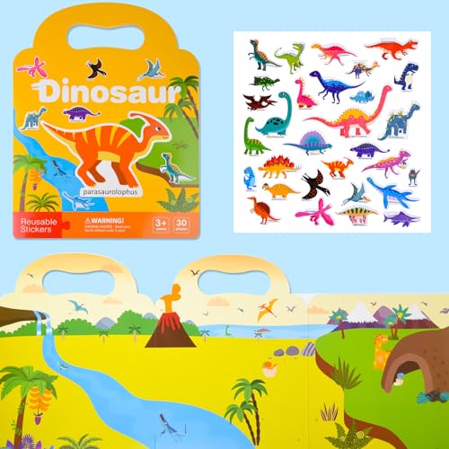ASTARON 3 Pack Reusable 3D Puffy Sticker Book for Kids 3-6, Jelly Sticker Game Educational Sensory Learning Toy,Travel Stickers and Busy Book - style: Vehicle Animals Dinosaur