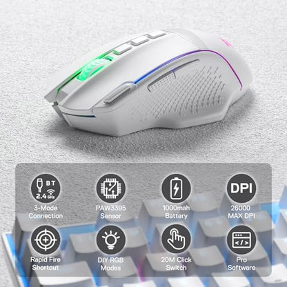 Redragon M991 3-Mode Wireless RGB Gaming Mouse 26000 DPI Remapping Keys | Cable-Free 0 Delay, Smooth Precise Tracking, Rapid-Fire Macro Keybinds, Vibing Backlight, Ergonomic Grip Body Comfort - color: White, style: M991