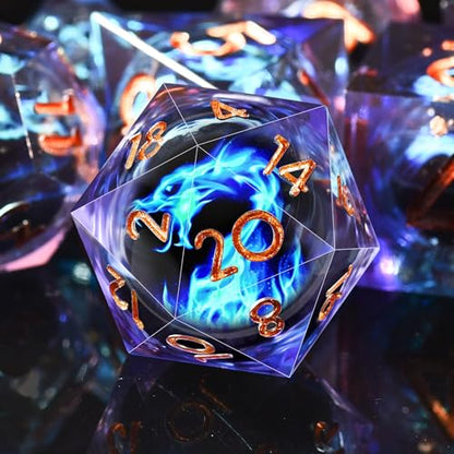 AUSTOR 7 Die DND Dice Set - Blue Flame Dragon Resin Dice (D20, D12, D10, D8, D6, D4) with Case - color: Blue Flame Dragon