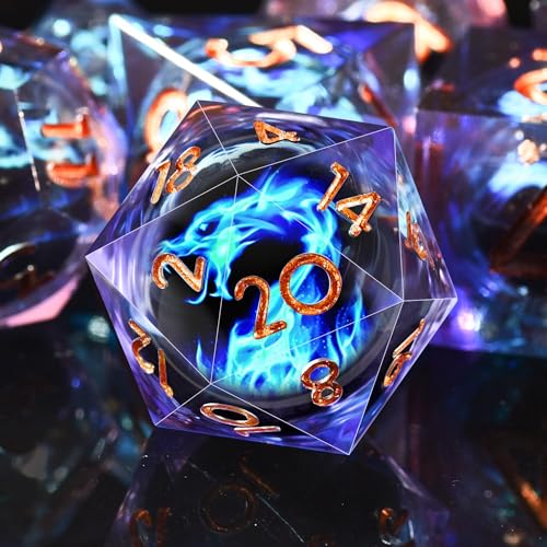 AUSTOR 7 Die DND Dice Set - Blue Flame Dragon Resin Dice (D20, D12, D10, D8, D6, D4) with Case - color: Blue Flame Dragon