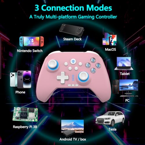 YUYIU Wireless Gaming Controller for PC, Switch, Steam Deck, Android, iOS | Bluetooth Controller with Hall Effect Joystick/RGB/1000Hz/Turbo/Macro/800mAh Battery/6-Axis Gyro/Vibration (Pink) - color: PINK