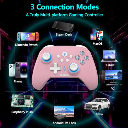 YUYIU Wireless Gaming Controller for PC, Switch, Steam Deck, Android, iOS | Bluetooth Controller with Hall Effect Joystick/RGB/1000Hz/Turbo/Macro/800mAh Battery/6-Axis Gyro/Vibration (Pink) - color: PINK
