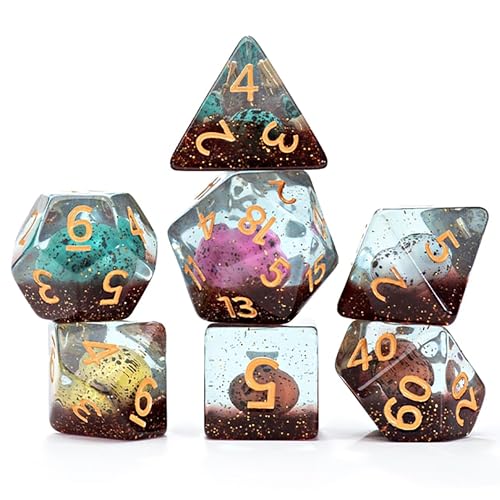 Gate Keeper Games and Dice: Inclusion Dice: Dinosaur Eggs - 7pc RPG Set, Multi-Colored Dino Eggs & Brown Glitter in Clear Resin, Role Playing Games - style: Dinosaur Egg