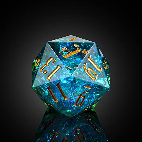 Cusdie Single D20 DND Dice with Sharp Edges and Glitter Foil Inclusions, 20 Sided D&D Dice, 33mm Handcrafted Polyhedral Dice, for Role Playing Game (Aqua) - color: Aqua Blue