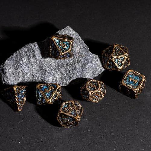 7-Die Metal DND Dice Set Role Playing Dice for RPG Table Games | Vine Design PU Leather Pouch for Dungeons and Dragons - color: Vine-bronze Color-changing