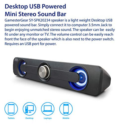 GamesterGear Desktop Compact USB Powered Wired Multimedia Mini Stereo Sound Bar 3.5mm Audio Jack Blue LED 2.5 Watts Speaker - style: SOUNDBAR