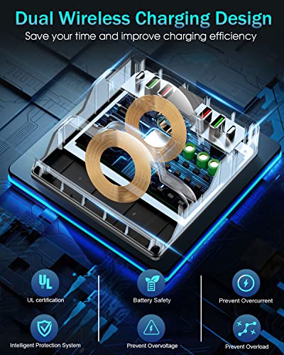 Wireless Charging Station with 6 USB Ports, 8 in 1 15W Dual Wireless Charger Station, 2 QC/2 PD USB Fast Charging Station, 80W Phone Charger for iPhone14/13/12/11/X/Samsung/Android/iWatch