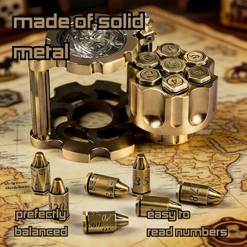 Metal Bullet Polyhedral Dice Set of 7 with Spinning Revolver Cylinder Case - Cyberpunk Style for D&D, RPG, and War-Themed Tabletop Games (Bronze) - color: Bullet Bronze