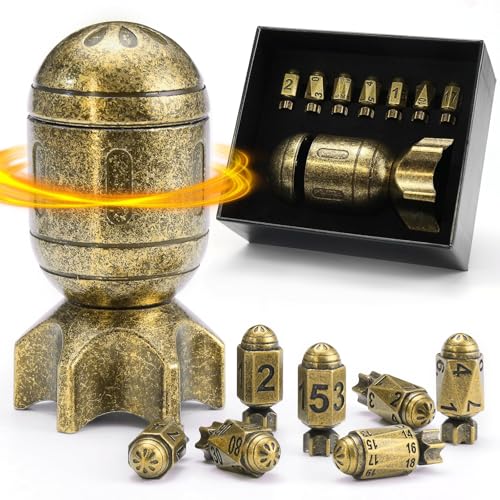 ZHOORQI Metal Bullet Dice Set with Spinning Missile for DND(Retro Bronze | Polyhedral Dice Set for TTRPGs, Dungeons and Dragons, Unique Spinning Container. Cool Dice Gifts for Gamers - color: Missile-retro Bronze