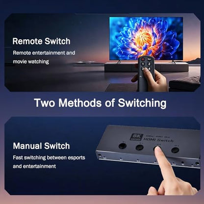 HDMI 2.1 Switch, 8K HDMI Switcher 4 in 1 Out 8K@60Hz 4K@240Hz HDMI 2.1 Switcher Selector with Remote Support CEC 3D HDR HDCP2.3 Dolby Vision/Atmos for PS5/4 Xbox Nintendo Switch Fire Stick