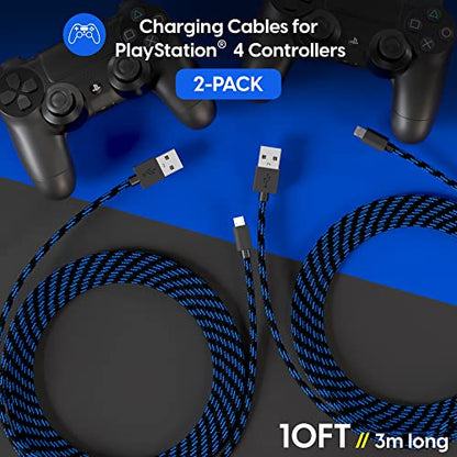 TalkWorks Long Controller Charging Cable for PlayStation 4-10-Foot Long Braided Micro USB Cord Charger Cord for PS4 Controller - Blue-Black, 2 Pack