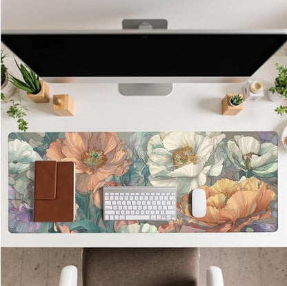 Japanese Floral Mouse Pad Abstract Boho Mouse Pad 31.5x11.8 Inch Aesthetic Flower Texture Non-Slip Rubber Base Large Mousepad Stitched Edges Keyboard Mouse Mat Desk Pad for Office and Home - color: Floral