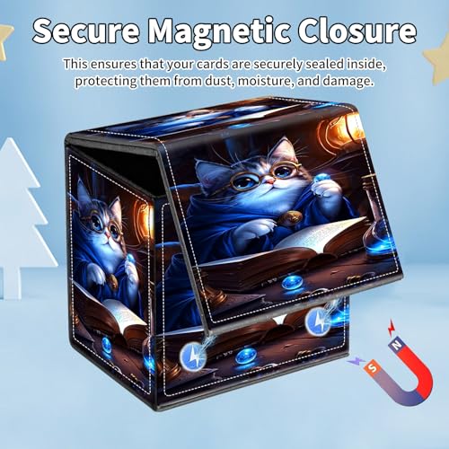 Card Deck Box for MTG Commander,Collectible Trading Storage Box Fits 120+ Single Sleeved Cards Magnetic Case PU Leather for Magic Commander TCG CCG MTG,Blue Glitter Cat - color: Blue Glitter Cat