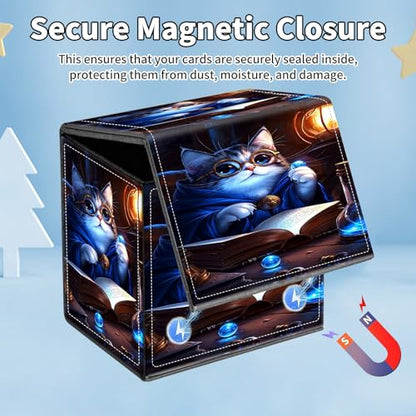 Card Deck Box for MTG Commander,Collectible Trading Storage Box Fits 120+ Single Sleeved Cards Magnetic Case PU Leather for Magic Commander TCG CCG MTG,Blue Glitter Cat - color: Blue Glitter Cat