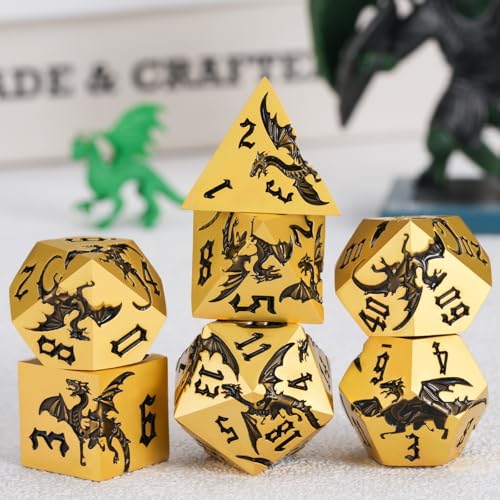 Metal DND Dragon Dice Set,D&D Polyhedral Dice with Dragon for Dungeons and Dragons RPG TTRPG D and D 7-Die Set with Gift Case Dragon-Pearl Gold Black - color: Dragon-pearl Gold Black