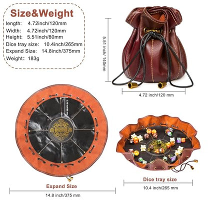 Full-Grain Leather Dice Pouch with Built-in Rolling Tray, Magic-Themed, Large Capacity Collector's Organizer for D&D, RPGs & Dice Enthusiasts