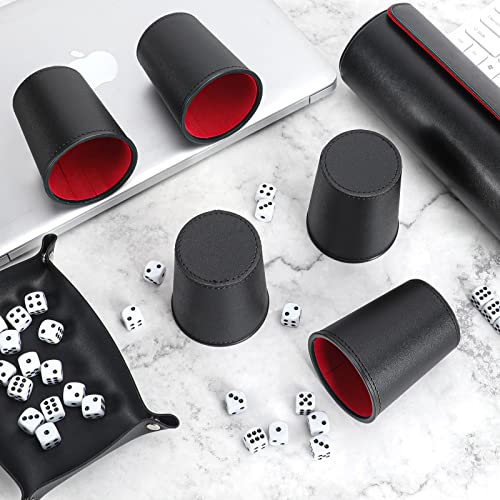 Leather Dice Cup Set, 5 Dice Cups, 25 Dice, Folding Tray and Storage Case | PU leather set with 5 Quiet Felt-Lined dice cups, 25 dice, folding tray and storage case for Liar’s Dice and party games - color: 5xred Black+folding Tray