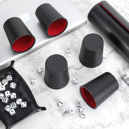 Leather Dice Cup Set, 5 Dice Cups, 25 Dice, Folding Tray and Storage Case | PU leather set with 5 Quiet Felt-Lined dice cups, 25 dice, folding tray and storage case for Liar’s Dice and party games - color: 5xred Black+folding Tray