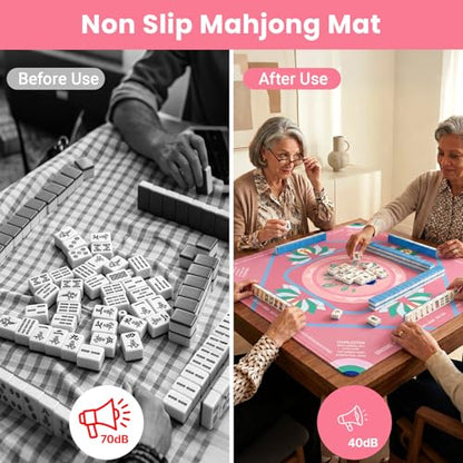 Mahjong Mat with Rules, 32.2 Inch Square Mahjong Mats for Table, Noise Reduction Mah Jong Mat, Rubber Anti-Slip Base for Board Games, Tiles Game & Dominoes Pink - color: Pink