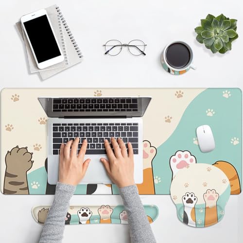 Britimes Kawaii Cat Paws Keyboard Mouse Pad Set Cute Cartoon 4in1 Large Mousepad+Keyboard Wrist Rest+Mouse Wrist Rest+Coaster Ergonomic Design for Home Office Computer 35.4x15.7 inches - color: Cat Paws