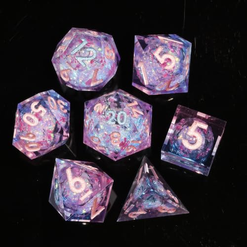 DND Dice Set, Handmade Resin Polyhedral Dice, Cherry Blossom Design, Sharp Edges, 7 Piece Set for TRPG RPG - color: Sakura Shimmer