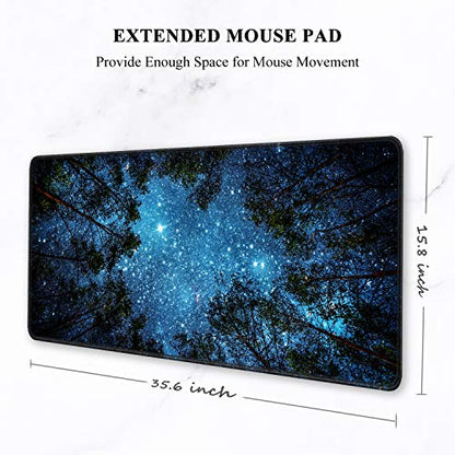 Auhoahsil Large Gaming Mouse Pad, Nature Theme XXL 35.4 x 15.7 in Desk Pad Stitched Non-Slip Rubber Long Computer Mousepad Thin Extended Full Size Desk Mat for Desktop Laptop Wireless Mice, Night Sky - color: 02 Starry Night, size: 35.5L x 15.7W inches