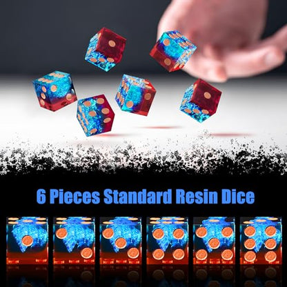 AUSTOR 6 Sided Dice 16mm, 6 Pieces D6 Dice Handmade Sharp Edge Resin Dices Set with Metal Case for Tenzi, Farkle, Yahtzee, Bunco or Teaching Math, Flame Red & Ice Blue - color: Flame Red & Ice Blue