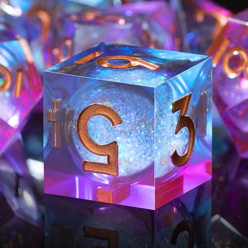 AUSTOR Liquid Core DND Dice Set, 7-Die Sharp Edge Polyhedral Dice Quicksand Handmade Resin Dices for Dungeons and Dragons RPG MTG Table Games, Blue & Violet, Gold - color: Blue & Violet, Gold