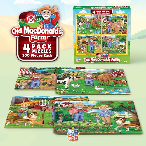 MasterPieces – Jigsaw Puzzle Set for Kids 6+ Years, 4-Pack of 100 Pieces, Educational and Fun Game, Old Macdonald’s Farm Collection, Gift Idea for Children, 8" x 10" - style: Old MacDonald's Farm