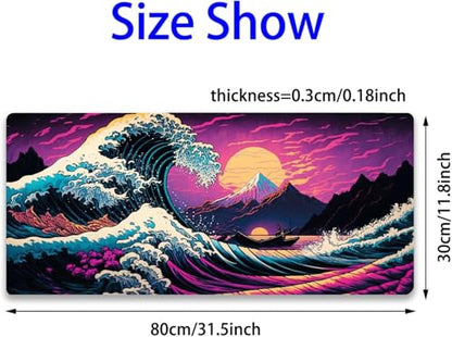 Simpkeely Japanese Sea Wave Mouse Pad, Blacklight Kanagawa Waterproof Gaming Extended Large Desk Pad Long Computer Keyboard Big Mouse Mat with 3mm Non-Slip Rubber Base for Office Home - 31.5" x 11.8" - color: Japanese Sea Wave