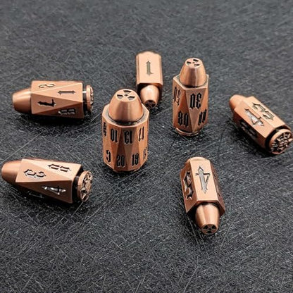 2025 Metal Polyhedral Bullet for DND Dice Set, 7Pcs Metallic D&D Dice with Gift Case for Dungeons and Dragon Game, RPG Role Playing Table Game Gifts (Bronze) - color: Bronze