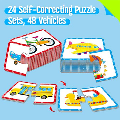 48 Vehicle Matching Puzzles, Self-Correcting Puzzle Match Game Educational Learning Activities for Toddlers, Preschool, Transportation-Themed Learning Games Toys for 3 Years Old - style: Vehicle-B