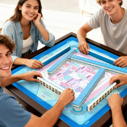 KUNTE Mahjong Mat, Blue, 32"x32" | Non-Slip, Quiet, Waterproof, Foldable, American Mahjong - color: Sweet Town