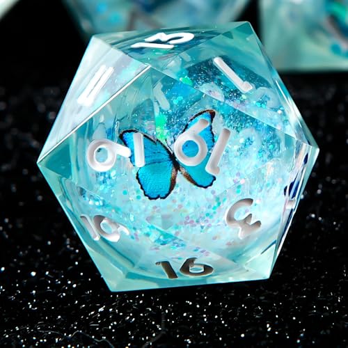 Butterfly Liquid Core D20 DND 22MM Single Dice with Resin Sharp Edge 20 Sided D&D Dice, Handmade for Dungeons and Dragons(Teal) - color: Butterfly D20-teal