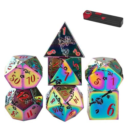 UDIXI Metal Dice Set D&D, 7PCS Flower Metal DND Dice Set Rainbow for RPG | Black Flower, Metal Case Packaging, Heavy Metal Dice, D&D Gift, for Dungeons and Dragons Role Playing Games Tabletop Games - color: Flower/Colorred
