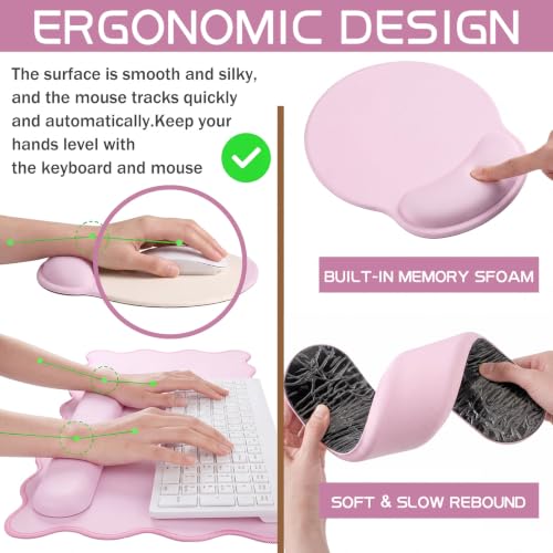 Sabary Scalloped Desk Mat Keyboard Mouse Pad Set 35.5 x 15.7 Inch Pink Preppy Table Mat Keyboard Wrist Rest Cute Aesthetic Mouse Pad with Wrist Rest Coaster Ergonomic Non-Slip Waterproof Gaming Desk - color: Pink, size: 35.5 x 15.7 Inch