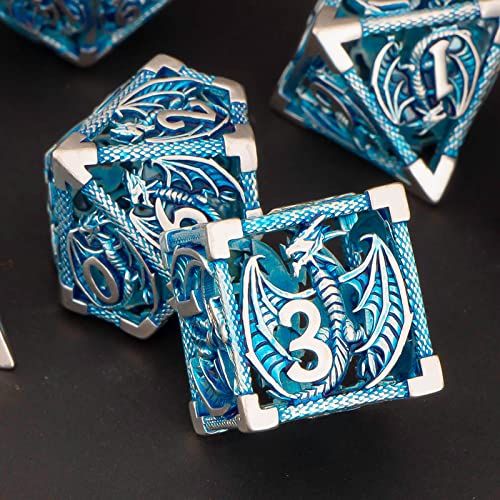 KERWELLSI Hollow DND Dice Set D&D with Gifts Box, 7pcs Polyhedral Metal D and D Dice for Role Playing Game, Dungeon Dragon Dice D20 D12 D10 D8 D6 D4 (Blue) - color: Blue