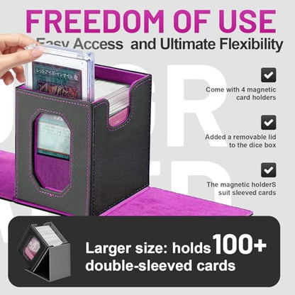 Trading Card Storage Box with Commander Display for MTG, TCG, Sports Cards, 5-in-1 Card Deck Box, Holds 450+ Double-Sleeved Cards, 4 Individual Deck Cases with Covers, Dice Tray & Magnetic Holders - color: Black & Purple