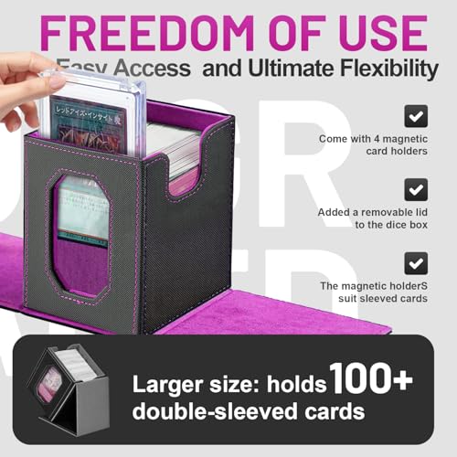 Trading Card Storage Box with Commander Display for MTG, TCG, Sports Cards, 5-in-1 Card Deck Box, Holds 450+ Double-Sleeved Cards, 4 Individual Deck Cases with Covers, Dice Tray & Magnetic Holders - color: Black & Purple