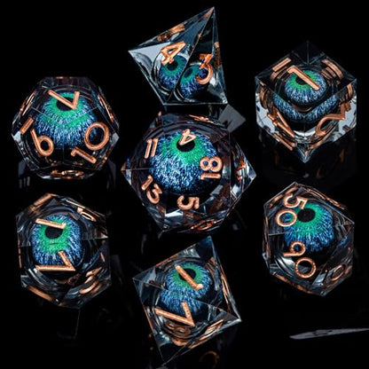 ARUOHHA DND Dragons Eye Dice Liquid Core Blue Green Resin Sharp Edged Dice Set with Gift Box, Compatible with D&D Role Playing Game, Dungeons Polyhedral D and D Dice D20 D12 D10 D8 D6 D4 - color: Yy03-blue Green