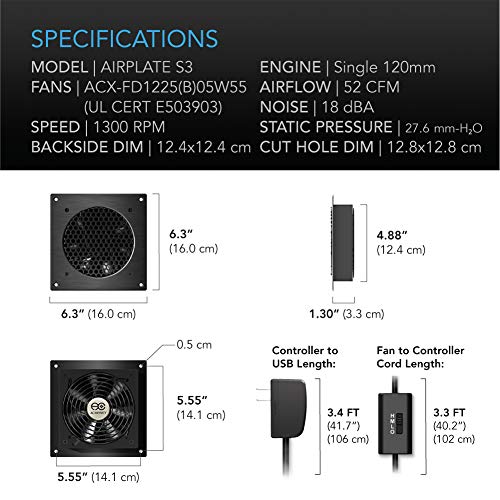 AC Infinity AIRPLATE S3, Quiet Cooling Fan System 6" with Speed Control, for Home Theater AV Cabinets - size: Single 120